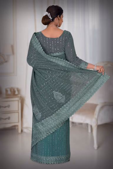 Russian Green  Glitter Net  Saree — view 4 of 6