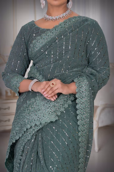 Russian Green  Glitter Net  Saree — view 3 of 6