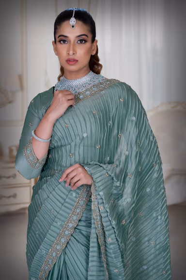 Turquoise Blue Pleated Silk Saree — view 1 of 6