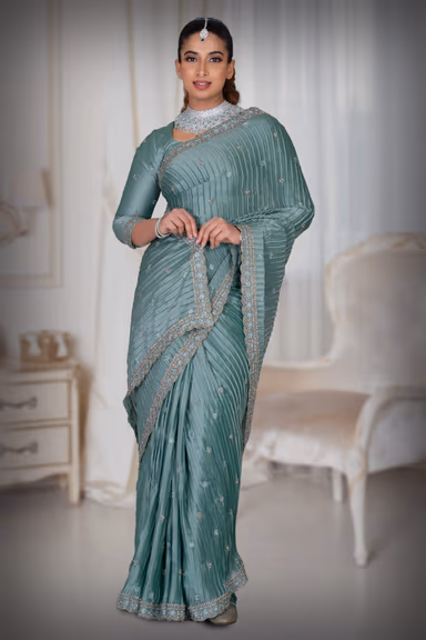 Turquoise Blue Pleated Silk Saree — view 2 of 6