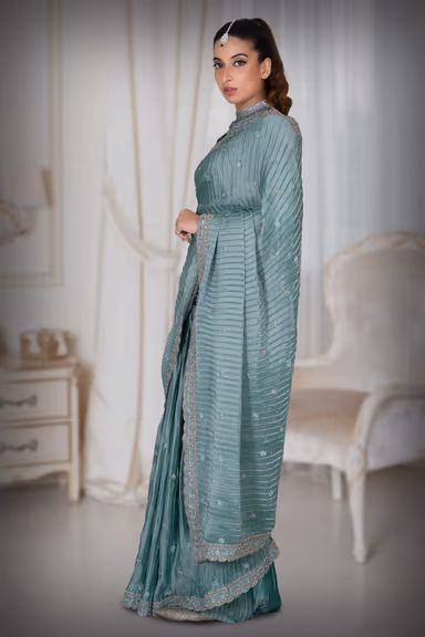 Turquoise Blue Pleated Silk Saree — view 5 of 6