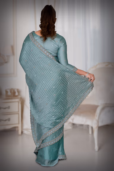 Turquoise Blue Pleated Silk Saree — view 4 of 6
