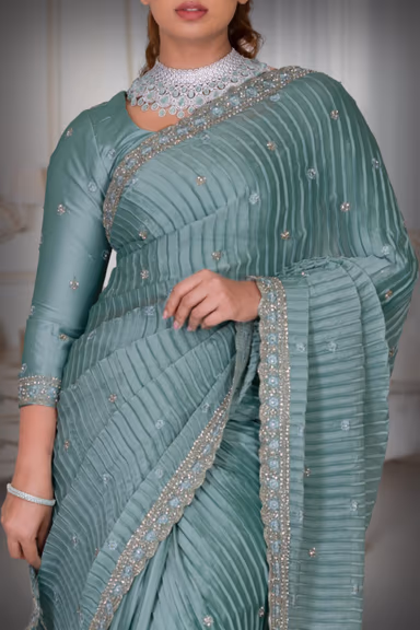 Turquoise Blue Pleated Silk Saree — view 3 of 6