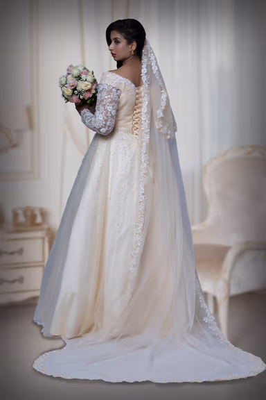 Champagne priental lace work net veil — view 1 of 2