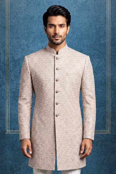 Greyish Sherwani with Self-Embossed Diamond and Geometric Pattern Work — view 2 of 3