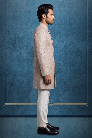 Greyish Sherwani with Self-Embossed Diamond and Geometric Pattern Work — view 3 of 3
