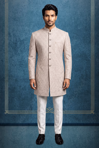 Greyish Sherwani with Self-Embossed Diamond and Geometric Pattern Work — view 1 of 3