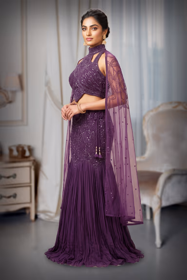 Halter Necked Royal Purple Fishcut Lehanga — view 3 of 3