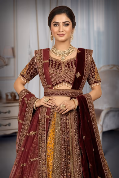 Heavy Designer Embroidered Bridal Velvet Lehenga Choli Set — view 1 of 3