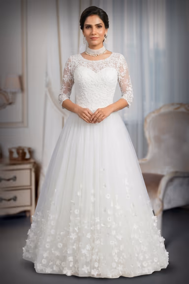 Heavy Handworked White Gown With Heavy Lacework Details On Front And Back Yoke Along With Sleeves — view 2 of 2