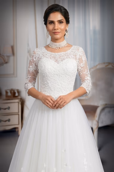 Heavy Handworked White Gown With Heavy Lacework Details On Front And Back Yoke Along With Sleeves — view 1 of 2