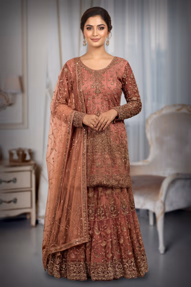 Heavy Stone Farsi Anarkali Lehenga In Dusty Pink Colour With Long Tail , Skirt And Same Colour Dupatta — view 2 of 3