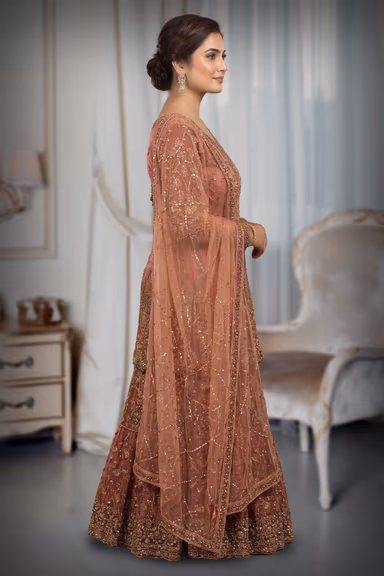 Heavy Stone Farsi Anarkali Lehenga In Dusty Pink Colour With Long Tail , Skirt And Same Colour Dupatta — view 3 of 3