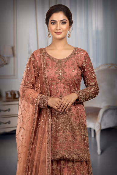 Heavy Stone Farsi Anarkali Lehenga In Dusty Pink Colour With Long Tail , Skirt And Same Colour Dupatta — view 1 of 3