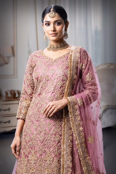 Heavy Stone Farsi Anarkali Lehenga In Dusty Pink Colour With Long Tail , Skirt And Same Colour Dupatta — view 1 of 3