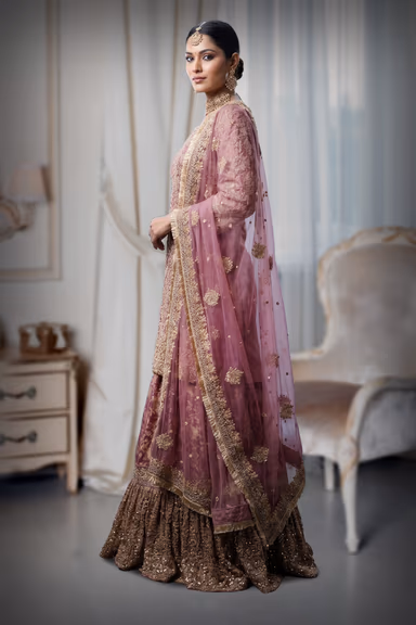 Heavy Stone Farsi Anarkali Lehenga In Dusty Pink Colour With Long Tail , Skirt And Same Colour Dupatta — view 3 of 3
