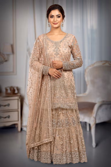 Heavy Stone Farsi Anarkali Lehenga In Pale Pink Colour With Long Tail , Skirt And Same Colour Dupatta — view 2 of 3