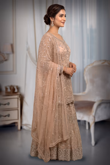 Heavy Stone Farsi Anarkali Lehenga In Pale Pink Colour With Long Tail , Skirt And Same Colour Dupatta — view 3 of 3