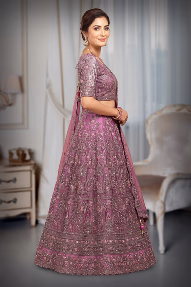 Hot Pink Bridal Lehenga With Detailed Embroidery, Crop Top Along With Same Color Dupatta — view 3 of 4