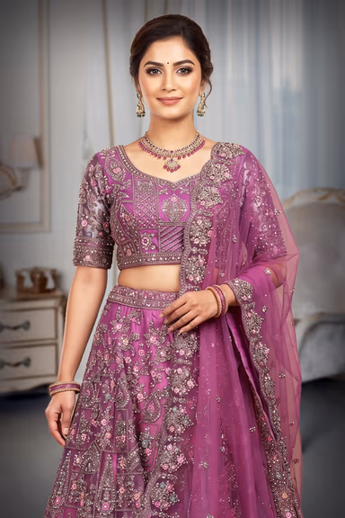 Hot Pink Bridal Lehenga With Detailed Embroidery, Crop Top Along With Same Color Dupatta — view 1 of 4