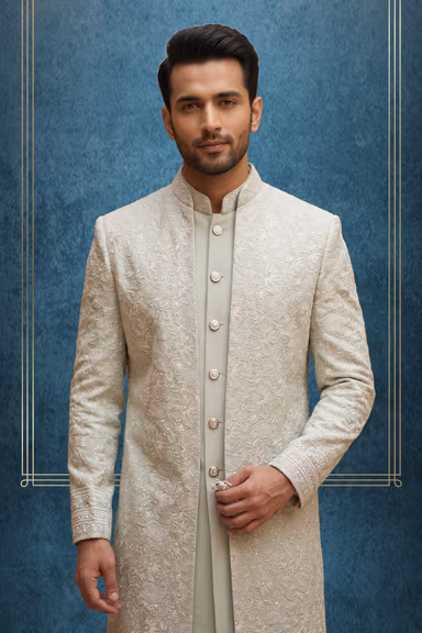 Exquisite Gin Green Sherwani Featuring Vintage Metallic Buttons — view 2 of 2