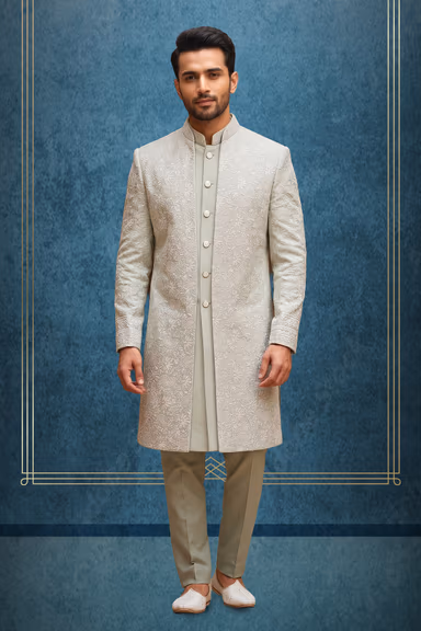 Exquisite Gin Green Sherwani Featuring Vintage Metallic Buttons — view 1 of 2