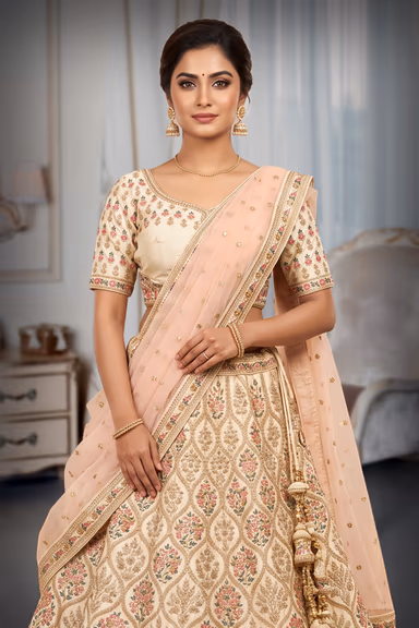 Ivory Bridal Lehenga With Contrasting Floral Thread And Stone Work — view 1 of 2