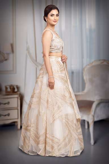 Ivory & Champagne Gold Metallic Geometric Accordion-Pleated Lehenga Choli Set with Net Dupatta — view 3 of 3