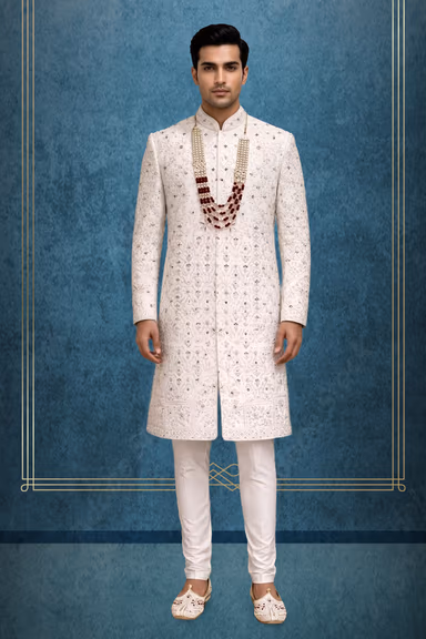 Ivory Embroidered Sherwani with Intricate Detailing and Traditio — view 1 of 2