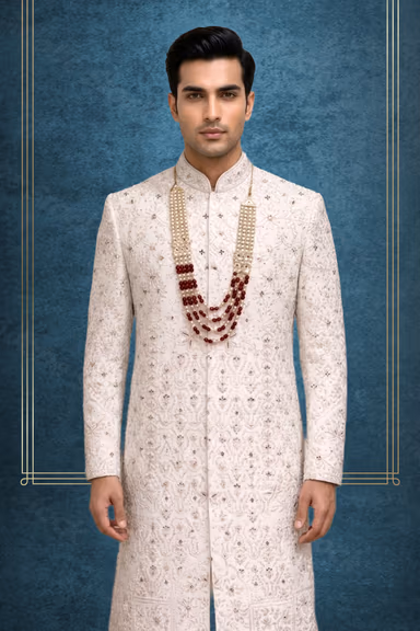 Ivory Embroidered Sherwani with Intricate Detailing and Traditio — view 2 of 2