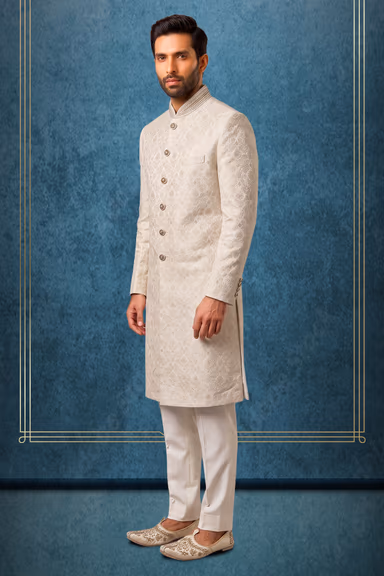 Ivory Self-Design Damask Sherwani with Embroidered Collar and Jewel — view 3 of 3