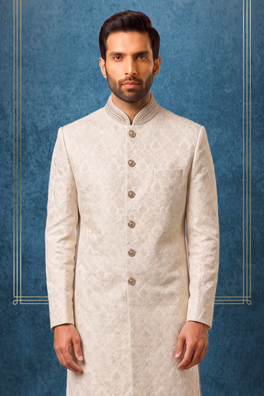 Ivory Self-Design Damask Sherwani with Embroidered Collar and Jewel — view 2 of 3
