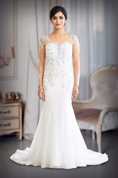 Ivory Sheer Illusion Mermaid Evening Gown with Pastel Mint & Silver Floral Embroidery — view 2 of 3