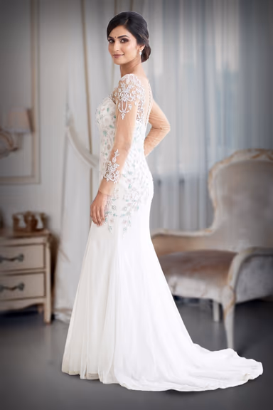 Ivory Sheer Illusion Mermaid Evening Gown with Pastel Mint & Silver Floral Embroidery — view 3 of 3