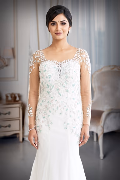 Ivory Sheer Illusion Mermaid Evening Gown with Pastel Mint & Silver Floral Embroidery — view 1 of 3