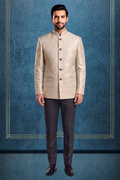 Ivory Silk Jamawar Jodhpuri Bandhgala with Intricate Gold Floral Weaving — view 1 of 3