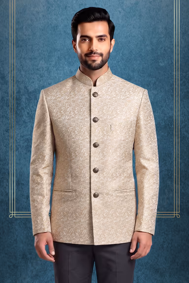 Ivory Silk Jamawar Jodhpuri Bandhgala with Intricate Gold Floral Weaving — view 2 of 3