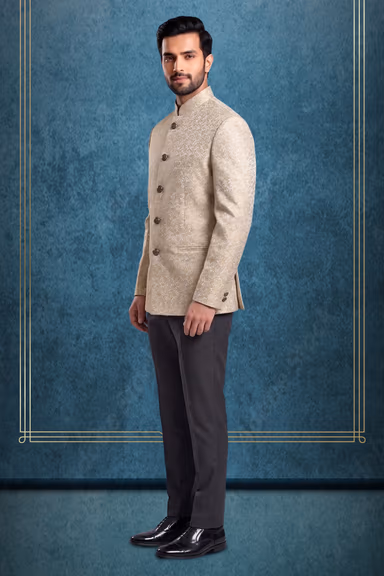 Ivory Silk Jamawar Jodhpuri Bandhgala with Intricate Gold Floral Weaving — view 3 of 3