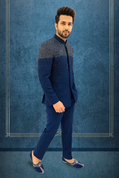 Royal Blue Bandhgala Jacket With Detailed Embellished Buttons Ideal For Traditional Or Formal Occasions — view 3 of 3