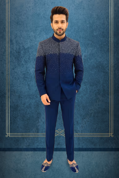 Royal Blue Bandhgala Jacket With Detailed Embellished Buttons Ideal For Traditional Or Formal Occasions — view 1 of 3