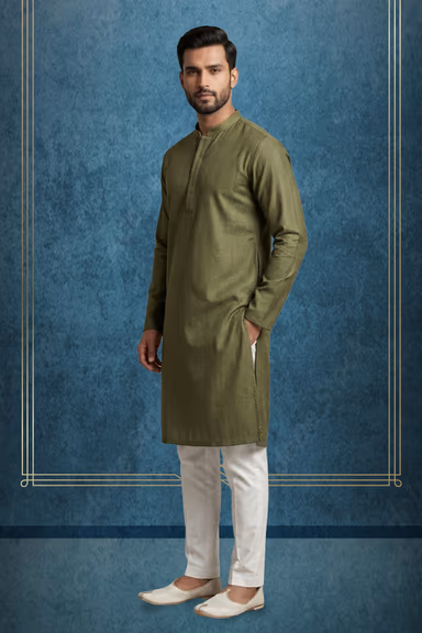 Elegant Olive Green Textured Men’s Festive Traditional Kurta for Celebrations — view 3 of 3