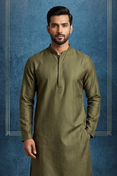 Elegant Olive Green Textured Men’s Festive Traditional Kurta for Celebrations — view 2 of 3