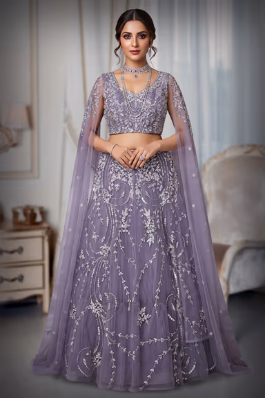 Lavender Embroidered Lehanga With Sheer Net On Sleeves — view 2 of 2