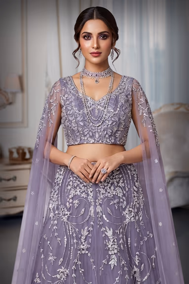 Lavender Embroidered Lehanga With Sheer Net On Sleeves — view 1 of 2