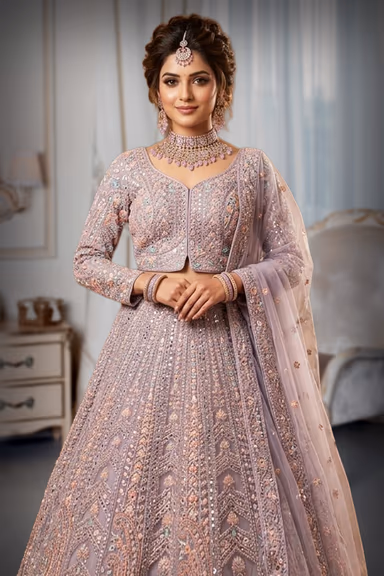 Lavender Heavy Embroidered Bridal Lehenga — view 1 of 3