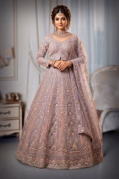 Lavender Heavy Embroidered Bridal Lehenga — view 2 of 3