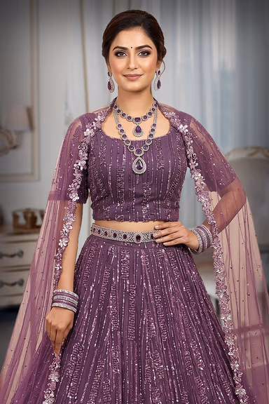 Lavender Purple Sequin Embroidered Lehenga Gown with Cape Dupatta — view 1 of 3