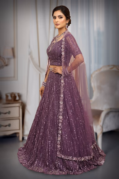 Lavender Purple Sequin Embroidered Lehenga Gown with Cape Dupatta — view 3 of 3