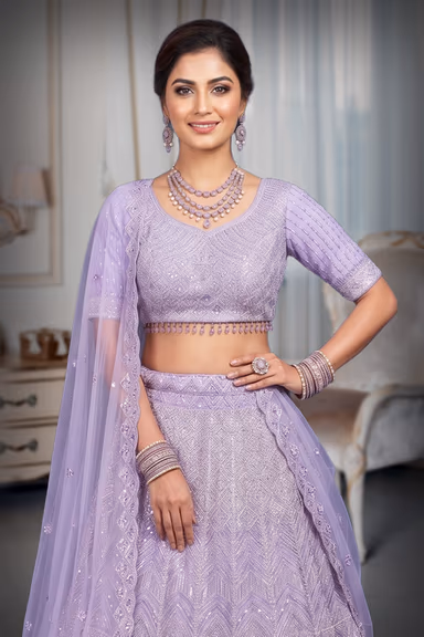 lavender shade wedding lehenga with stones,sequins and beads embroidery in geometrical patterns — view 1 of 3