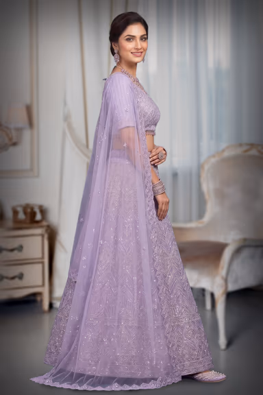 lavender shade wedding lehenga with stones,sequins and beads embroidery in geometrical patterns — view 3 of 3
